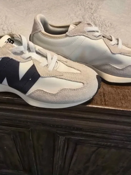 New Balance White and Navy Suede-Trim Kids Sneakers