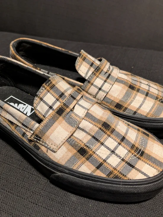 Vans Women’s Plaid Slip-On Loafers in Beige and Black