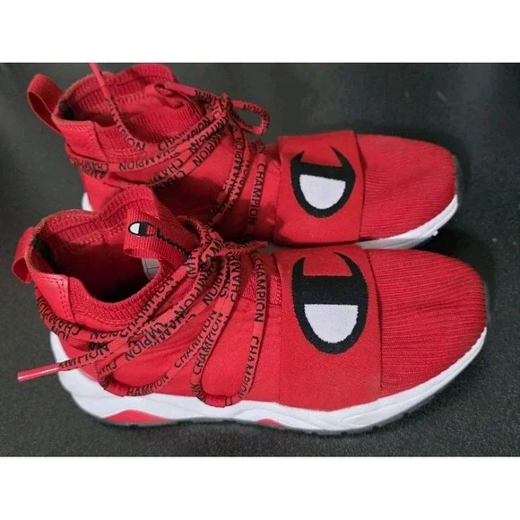 Champion 7 YOUTH W8 Rally‎ Hype Sport Tennis Shoe Red Sock Sneaker EUC