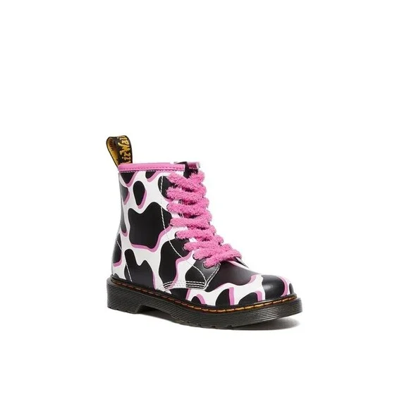Dr. Martens 1460 Kids 4 Black White Pink Cow Print Patent Lamper Boots JOBB025