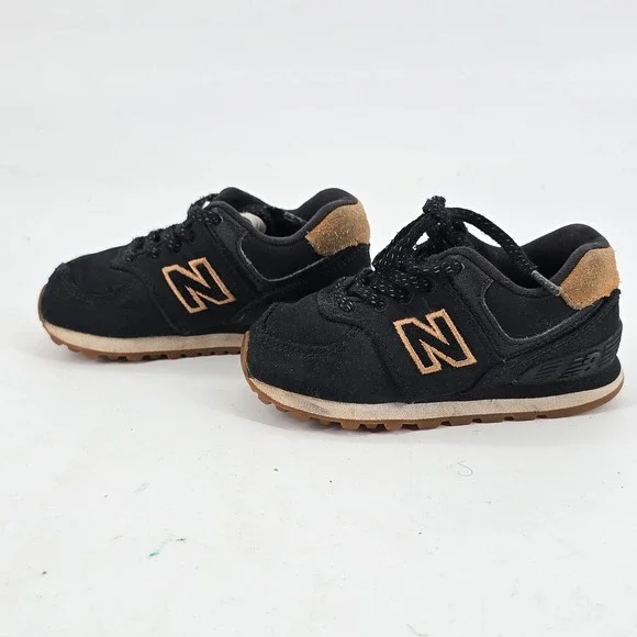 New Balance 574 Kids 4 Sneakers Black Tan Suede Low Top Athletic Shoes