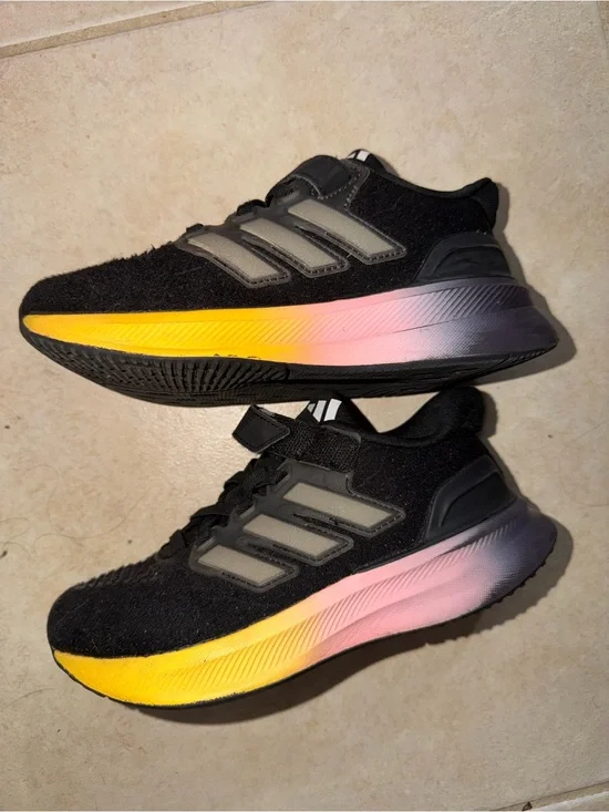 adidas Kids Black Sneakers with Yellow and Pink Gradient Midsole