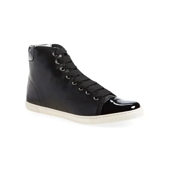 Lanvin Hi-Top Sneakers Womens 37 Black Good Patent Cap Toe Leather Ribbon Laces