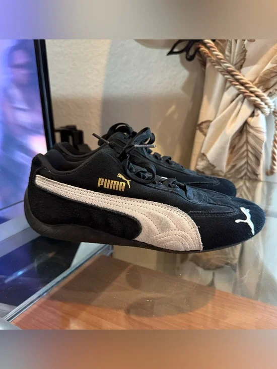 New Puma Speedcat Black Suede Sneakers with White Formstripe and Gold Logo