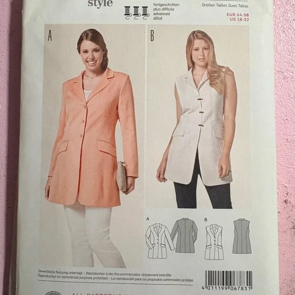 BN UNCUT BURDA 6783 JACKET & VEST SEWING PATTERN