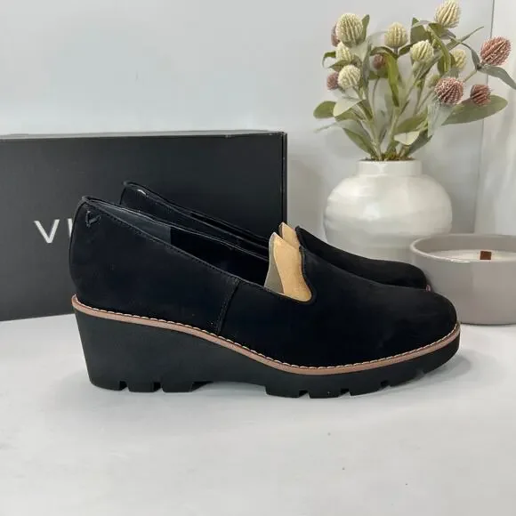 Vionic Willa Wedge Loafers Suede Slip On Black Women's 9 NWB Career Minimalist