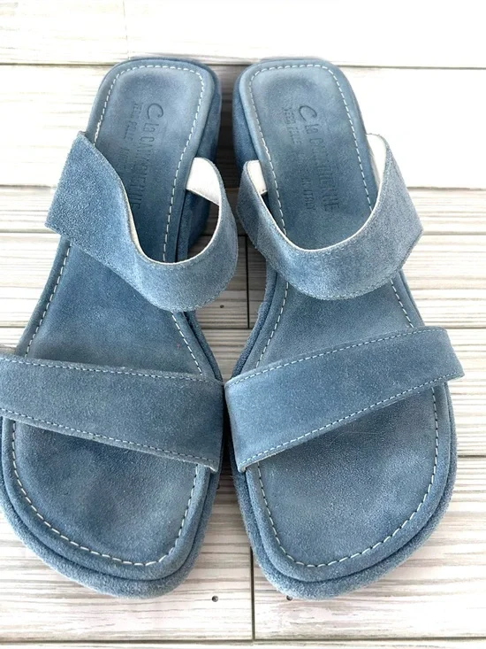 NWOT La Canadienne Women's Double Strap Wedge Suede Sandal Ocean Slate Blue 8.5