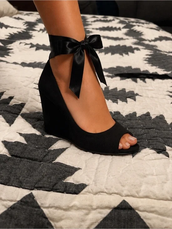AT LOFT Black Suede Peep-Toe Wedge Slingbacks - Women size 7