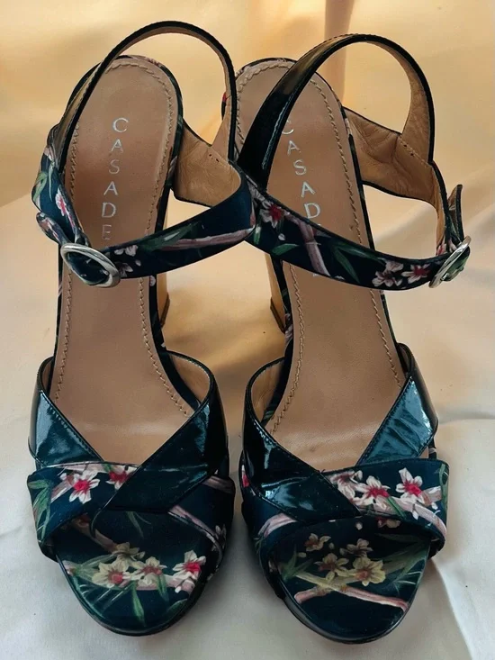Casadei Black Floral Patent Slingback Heels