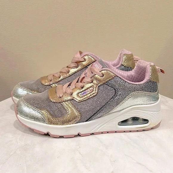 🔥Skechers Gold and Silver Sneakers with Pink Accents🔥