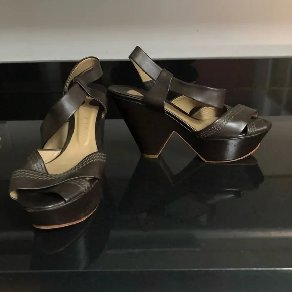 Chloé‎ Brown Leather Platform Wedge Sandals 38.5 Made Italy Designer Heels