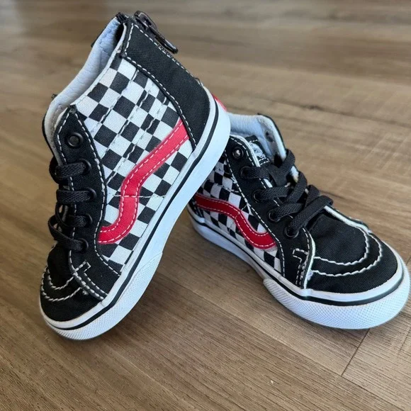 Vans Sk8-Hi Zip Toddler 6.0 Checkerboard Black‎ Red High Top Sneakers 721356