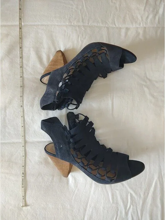 Vince Camuto Navy Leather Eliaz Cone Heeled Dress Sandal Sz7 #gladiator #peeptoe
