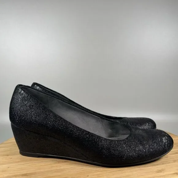 S Stuart Weitzman Black Leather‎ Wedge Heel Slip On Womens Size 7.5 Spain