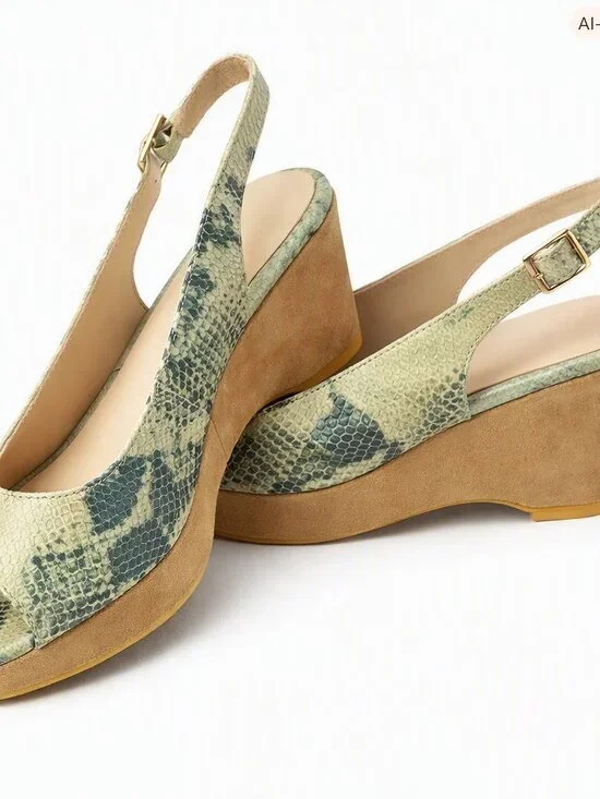 Sacha London Green Snake-Print Suede Wedge Slingbacks • Size 8 • 3” Heel • New