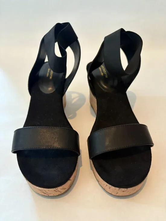 Liz Claiborne Black Heeled Cork Wedges Heels Sandals Size 9