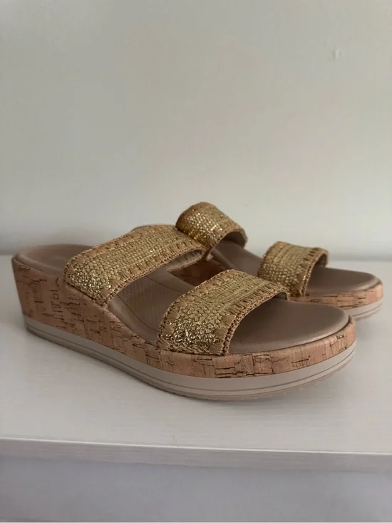 Life Stride Gold Metallic Cork Wedge Slide Sandals