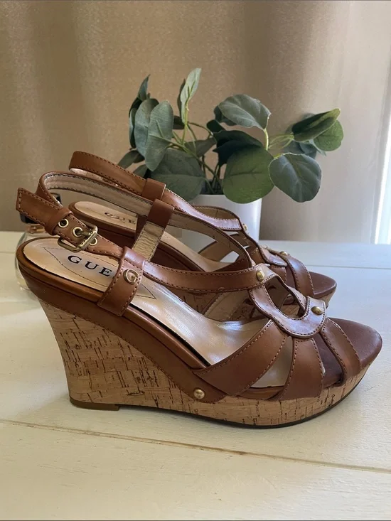 GUESS Tan Leather Cork Wedge Sandals