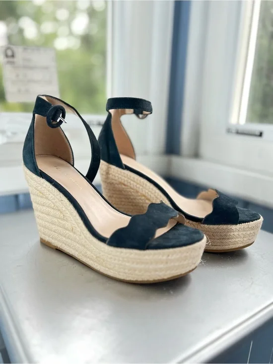 Pelle Moda Black Suede Espadrille Wedge Sandals with Ankle Strap