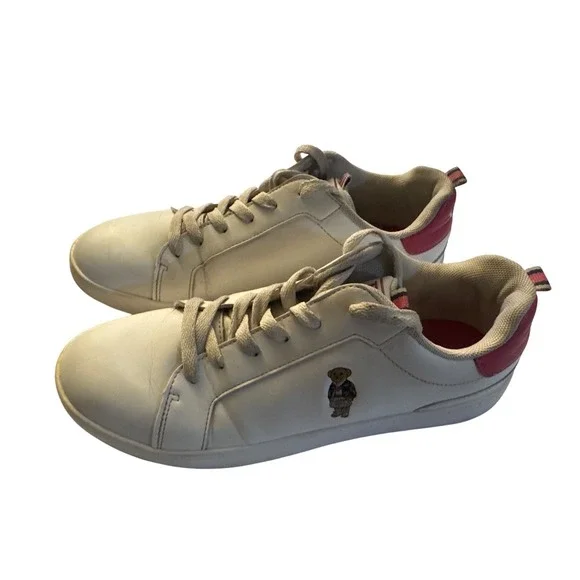 Polo Ralph Lauren White Leather Sneakers Teddy‎ Bear Girls Size 5.5 Pink Accent