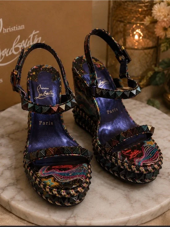 Christian Louboutin Black Multicolor Embellished Platform Wedge Sandals