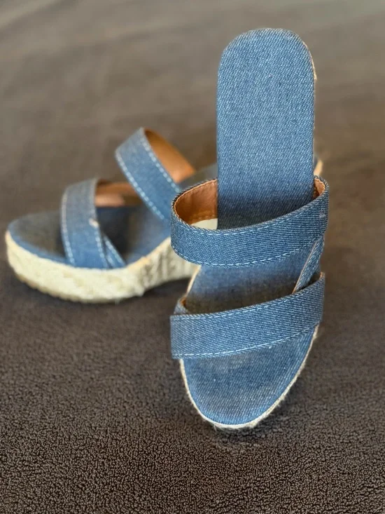 Denim Espadrille Wedge Sandals - Blue