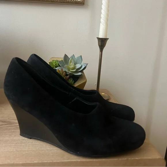 Eileen Fisher Milla Suede Wedge Heel Pumps Leather‎ Shoes Black Classic Size 7.5