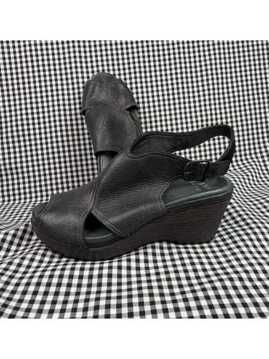 Dansko Vanda Black Leather Peep Toe Wedge Sandals Womens EU 39 / US 8.5 Comfort
