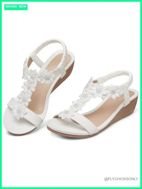 Women's Wedge Sandals with Rhinestone Floral Embellishments - Comfortable Low