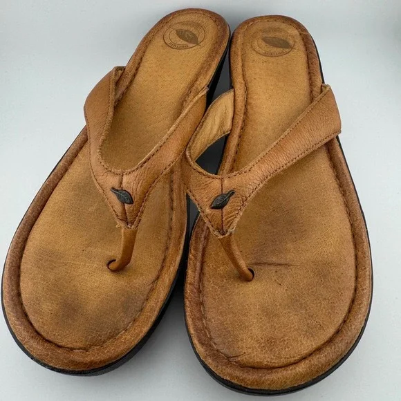 Nature Portland Cabo Wedge Sandals 7.5 Tan Good Leather‎ Thong Platform (1886)