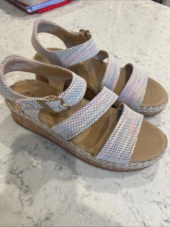 New Dr. Scholl's Multicolor Sparkle Wedge Sandals with Tan Footbed