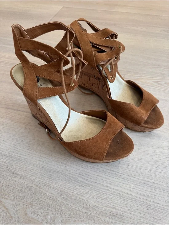 G by Guess Tan Suede Lace-Up Wedge Sandals