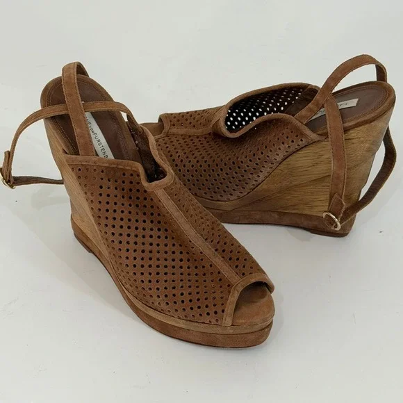 Diane von Furstenberg DVF Wedge Sandals 9.5M Brown Suede Perforated Wood Heel