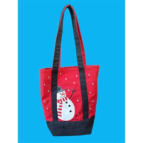 Canvas Tote Bag Red Black Snowman Holiday Christmas Winter Casual‎