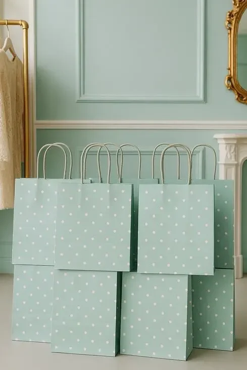 8 Spritz Mint Green Polka Dot Gift Bags • NEW • 7.25x7.75 • Fast Shipping