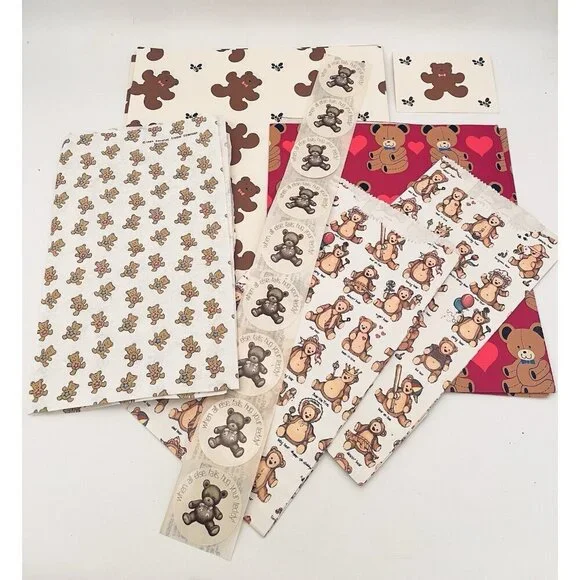 Small Lot of Vintage Teddy Bear Gift Wrap Sheets Bags  Scrapbooking Junk Craft