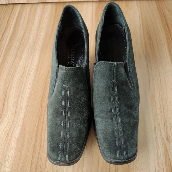 Aquatalia Shoes 8.5 By Marvin K Wedge Black Suede Slip On Heel Whipstitch Accent