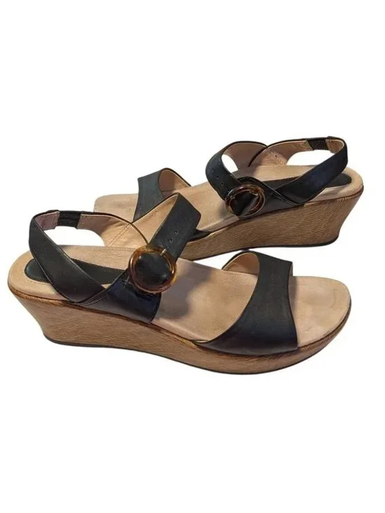 Dansko Black Leather Wedge Sandals Tortoise Buckle Wood Grain Platform EU‎ 40