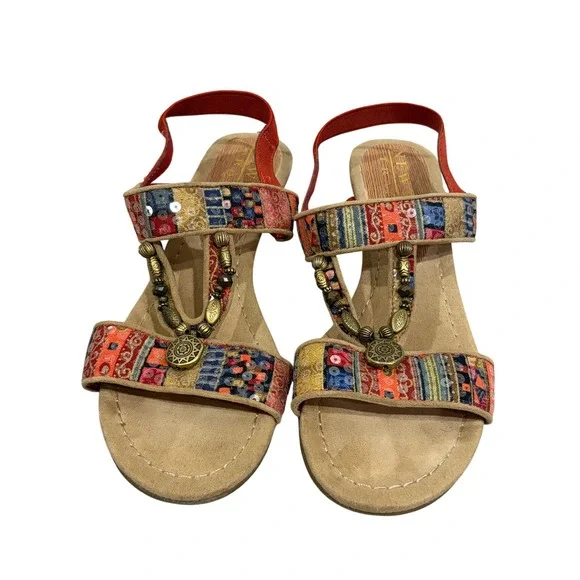 New York Transit Womens Boho Patchwork Wedge Sandals Multi Color Sequin 7.5M