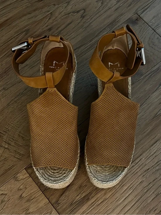 Marc Fisher Cognac Perforated Espadrille Wedge Sandals with Ankle Strap