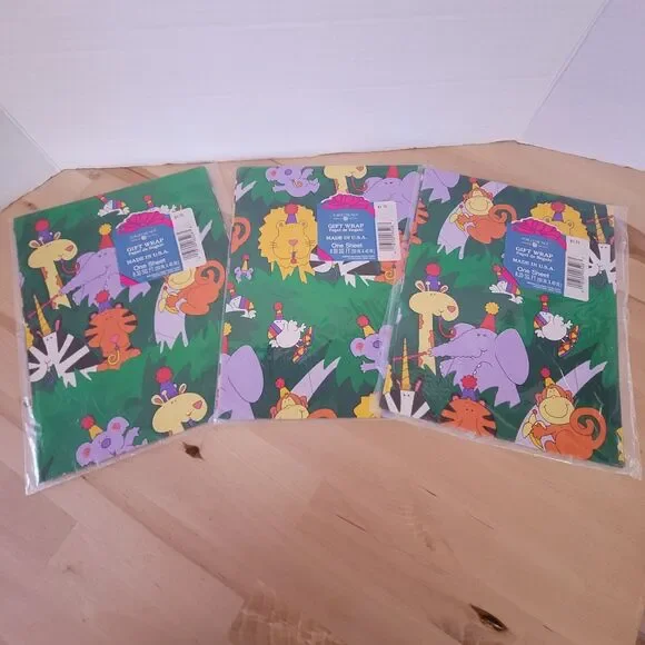 Vtg 90s American Greetings Zoo Animals Birthday Gift Wrap Wrapping Paper Monkey