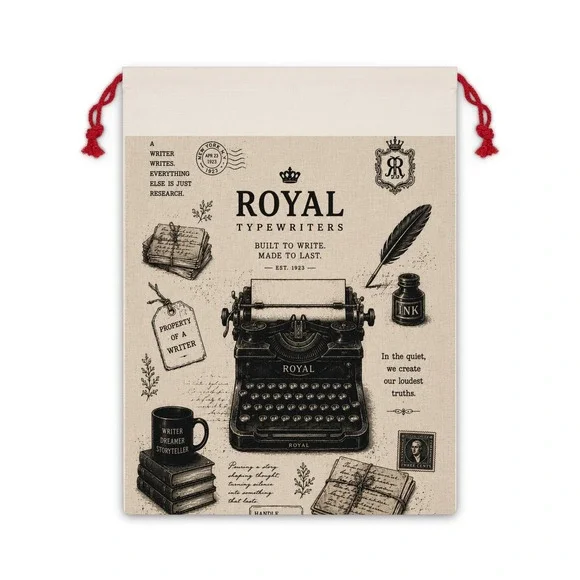 Vintage Royal Typewriter Gift Bag | Retro Writing Illustration, Drawstring Pouch