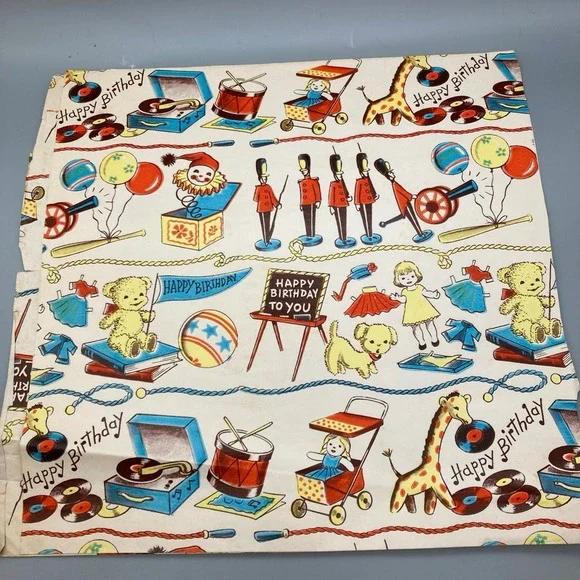 Vintage Child's Birthday Partial Sheet of Paper Gift Wrap Doll Soldier Balloons