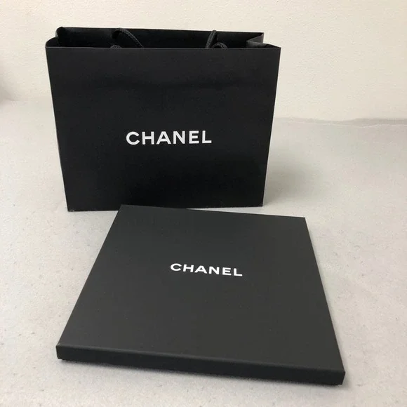 Chanel Gift Box Shopping Bag‎ Gift Set 9.5x9.5x1 Black Logo Tweed Ribbon