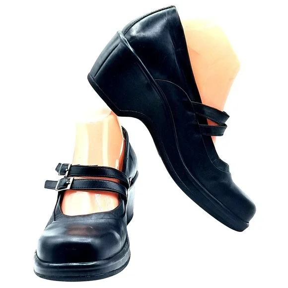 Vintage Dansko Mary Jane Wedge Shoes Women Size 41 Black Leather Double‎ Buckle