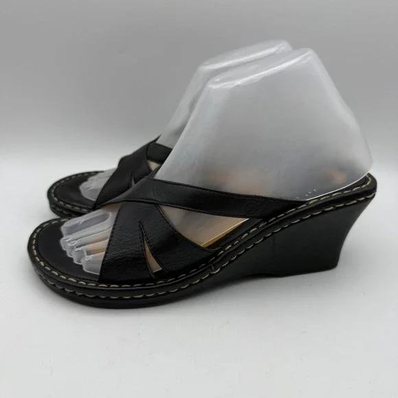 Born Wedge Sandals Women 8 Black Leather Crisscross Slide B3430 Casual