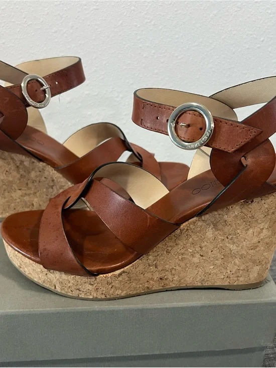 Jimmy Choo Tan Leather Cork Wedge Sandals