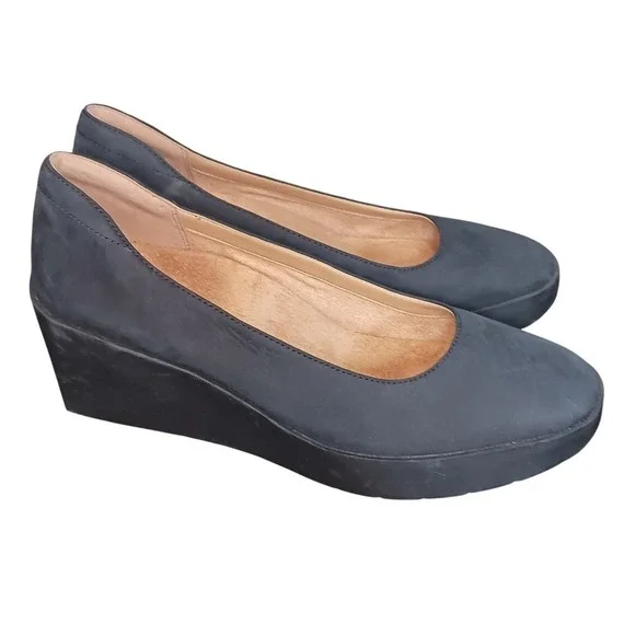 Vionic Sereno Black Leather Wedge Shoes Women's Size 8 Orthotic Comfort Slip-On