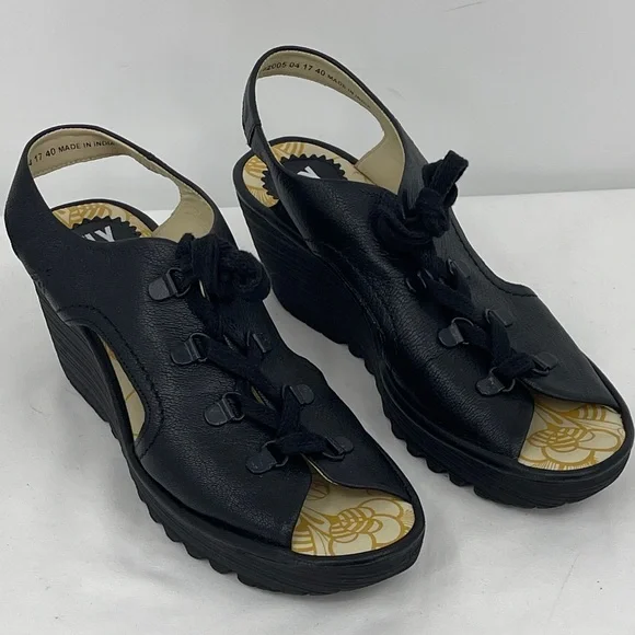 FLY LONDON SIZE 40 Black Women's Wedge Sandals Lace up OPEN TOE MADE IN INDIA