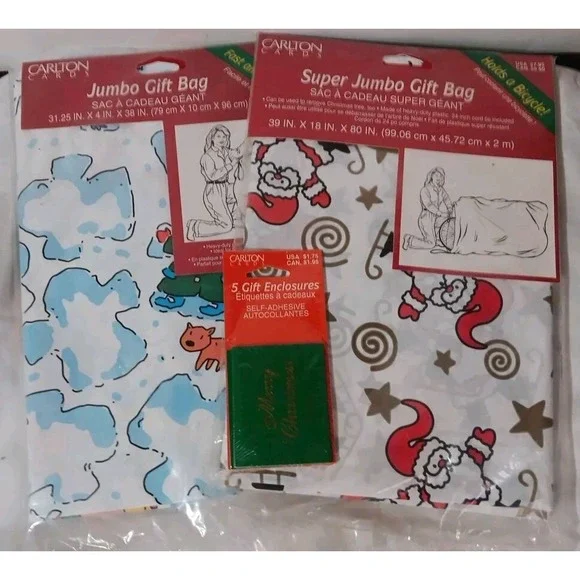 2 Super Jumbo Gift Bags Plastic Christmas 39x18x80 Inch/31.25x4x38 Inch  +5 Tags